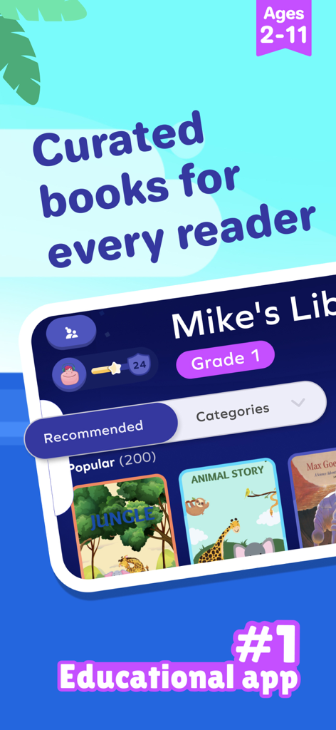 Splash Books: Kids Reading App - Splash Books app interface showing curated books for a grade one reader including animal and jungle stories