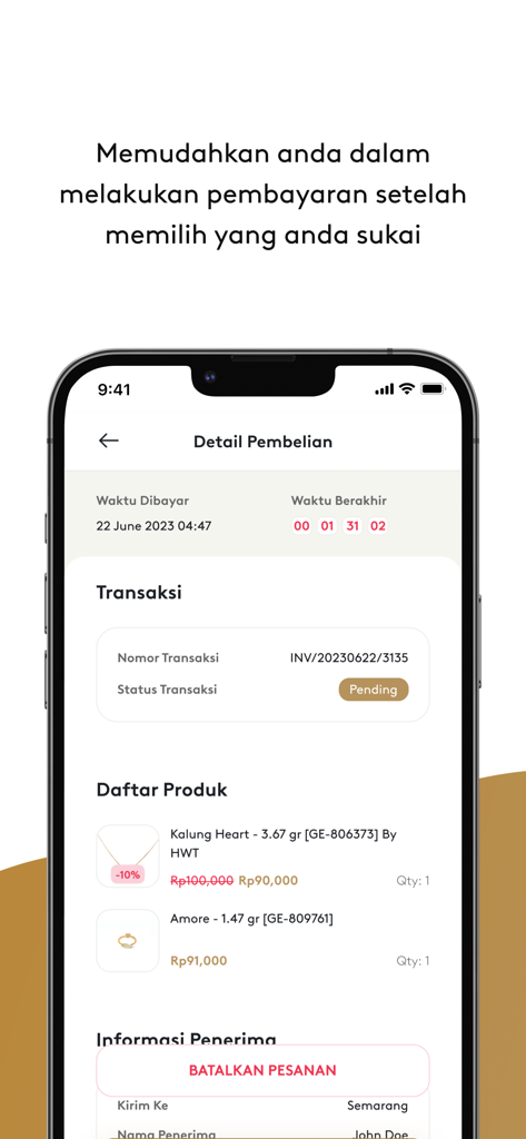 Galeri 24 - Schermata del riepilogo della transazione nell'app Galeri 24 che elenca i prodotti di gioielleria e le informazioni di pagamento