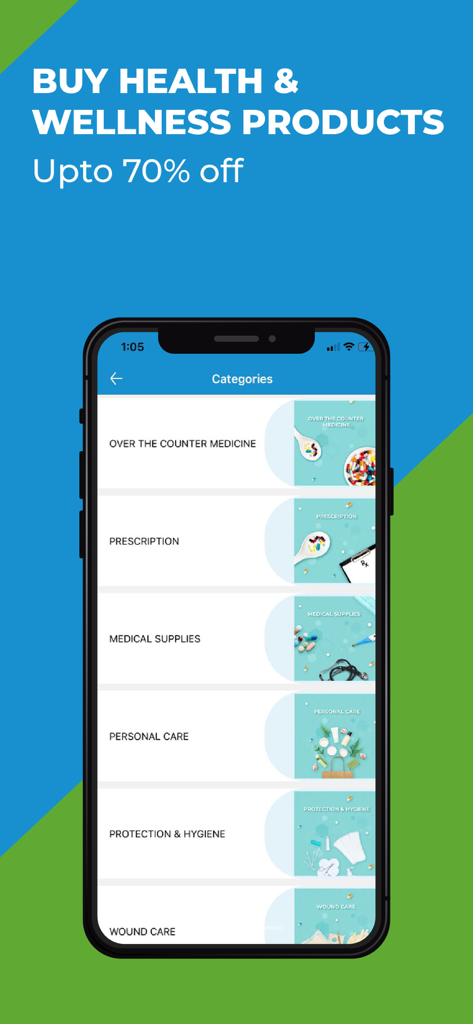 Tela do aplicativo GetMeds exibindo categorias de produtos para medicamentos e cuidados de saúde com um banner de desconto