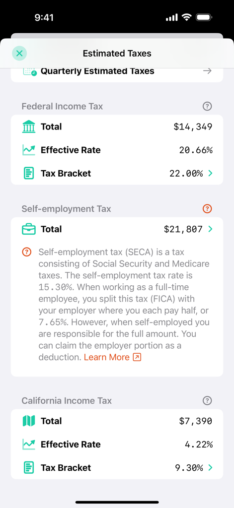 Interface showing estimated federal self-employment and state income tax calculations with effective rates and totals