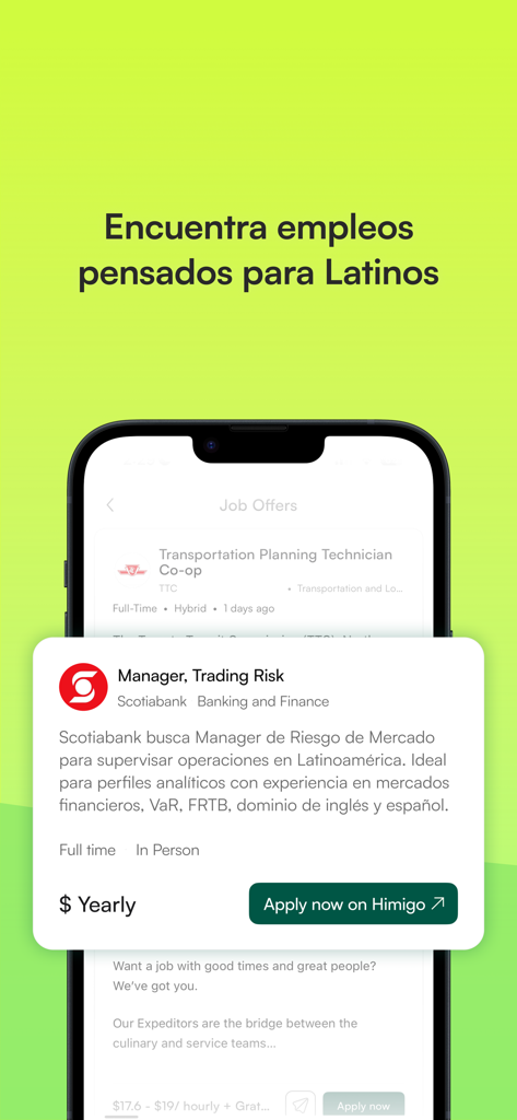 himigo - Himigo mobile app interface displaying job offers for Latinos with a manager role at Scotiabank