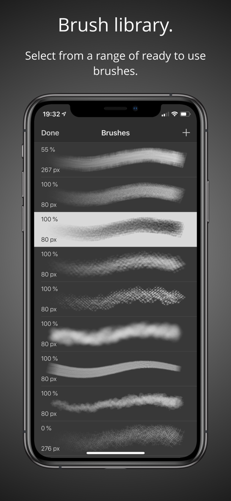 Brushes - Brushes 4 mobile app interface showing a menu of digital brush styles and sizes