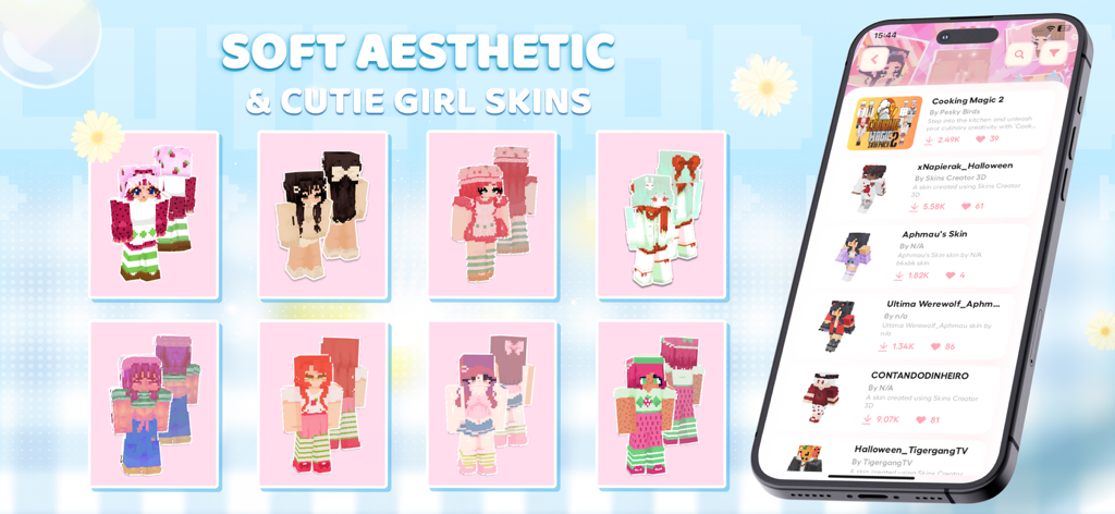 A selection of soft aesthetic and cute girl skins for Minecraft within the mobile app interface
