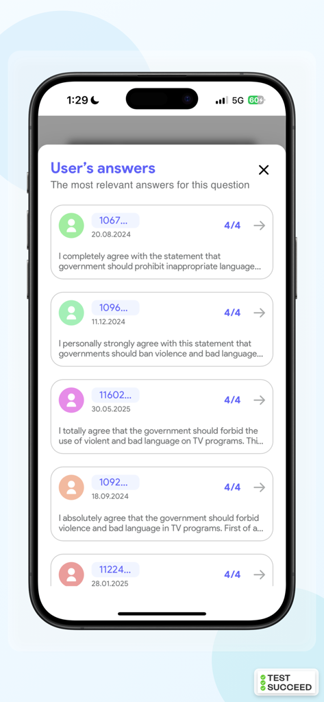 IELTS Practice & Mock Tests - Una lista de respuestas modelo de usuarios con alta puntuación para una tarea de escritura IELTS dentro de la aplicación móvil