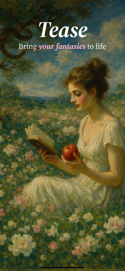 Tease: Spicy Romantic Fiction - Eine impressionistische Malerei einer Frau, die ein Buch in einem Feld weißer Blumen für die verführerische Romanzen-Fiktions-App Tease liest.