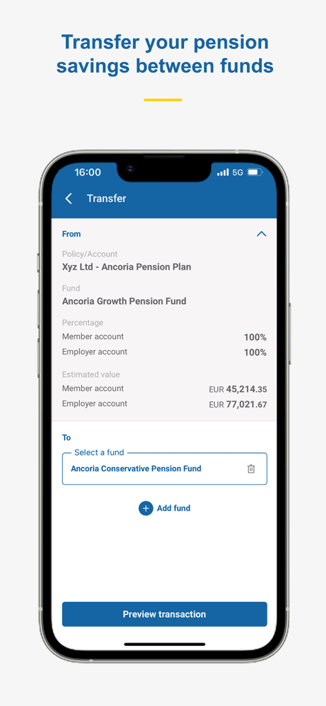 Ancoria OnLine app screen showing the process of transferring pension savings from a growth fund to a conservative fund.
