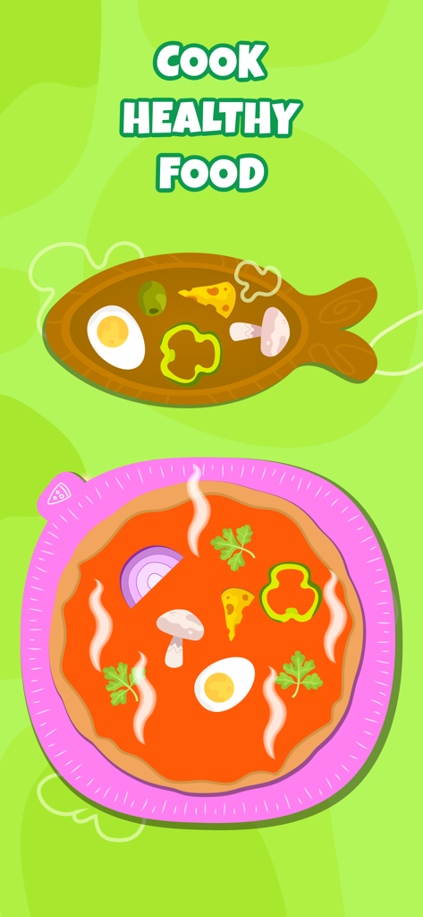A cartoon game screen for kids showing healthy pizza and fish dishes with vegetable toppings