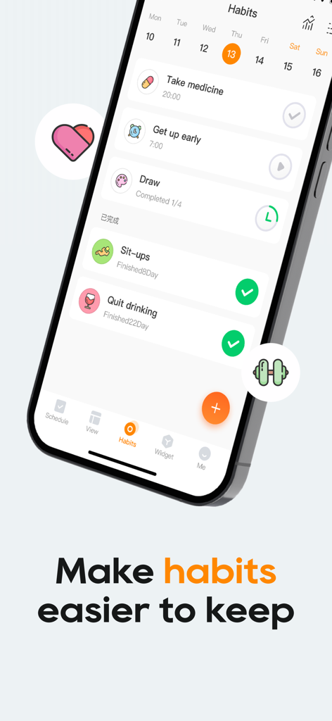 TimePlanner : Tasks & Habits - Uno smartphone che mostra la schermata di tracciamento delle abitudini dell'app TimePlanner con una lista di attività giornaliere e indicatori di progresso.
