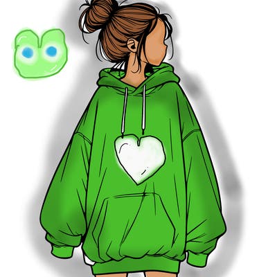 realistic girl with a oversized sweatshirt on and a bun