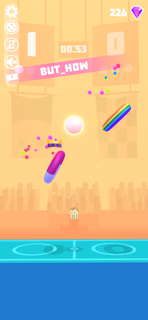 Hoop Stars - Jeu mobile Hoop Stars montrant deux cerceaux colorés s'affrontant pour attraper une balle blanche lumineuse