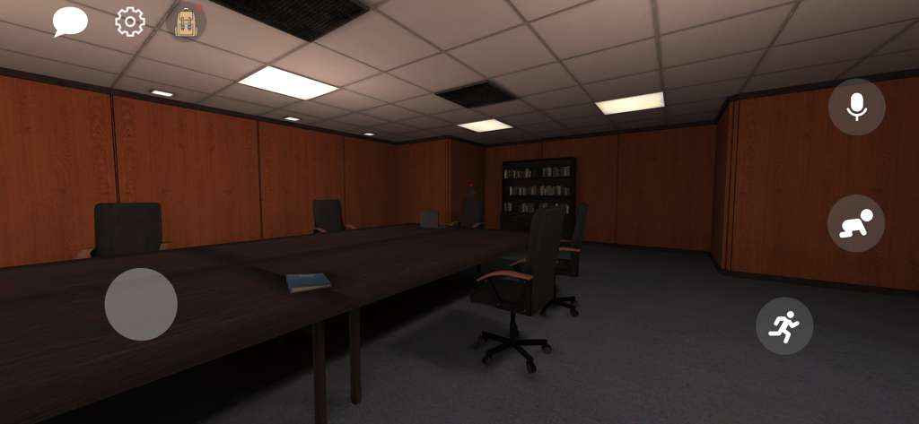 Noclip 2 : Survival Online - Perspectiva en primera persona de una sala de reuniones de oficina oscura en Noclip 2 Survival Online.