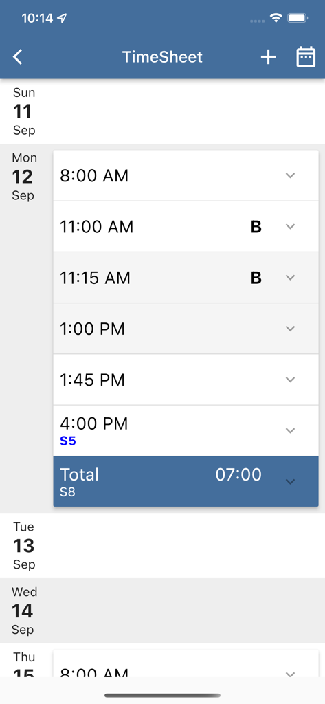 TimeTrex - Timetrex mobile app timesheet interface showing daily time logs and total hours worked