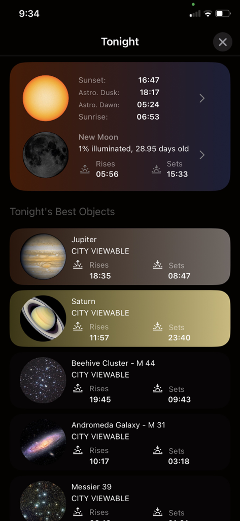 Celestron StarSense Explorer - Elenco degli oggetti celesti visibili nell'app Celestron StarSense Explorer che mostra pianeti e galassie visibili stasera