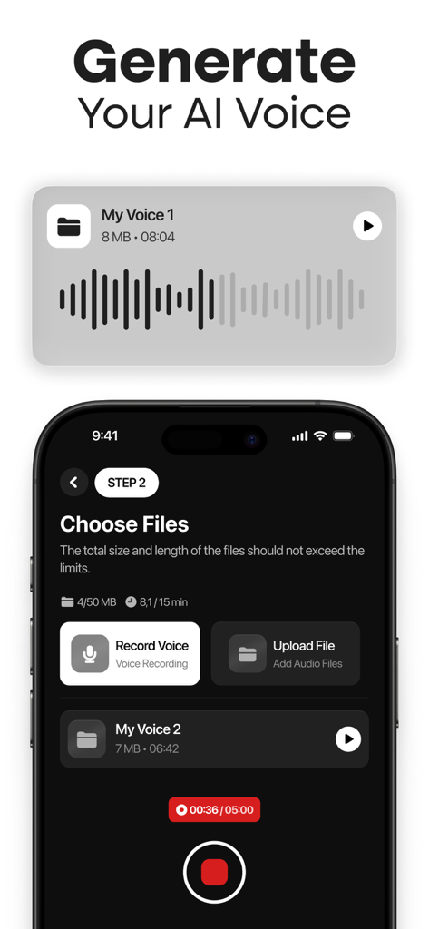 Interfaz de la aplicación MyTunes mostrando la pantalla de generación de voz IA con opciones de grabación y carga.