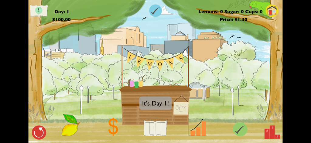 Lemons: Learn Accounting - Main gameplay screen of the Lemons accounting app featuring a lemonade stand simulation with initial business stats.