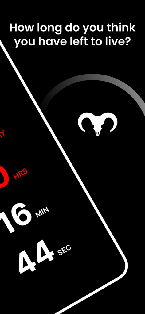 Death Counter app interface showing a life expectancy countdown and a skull icon