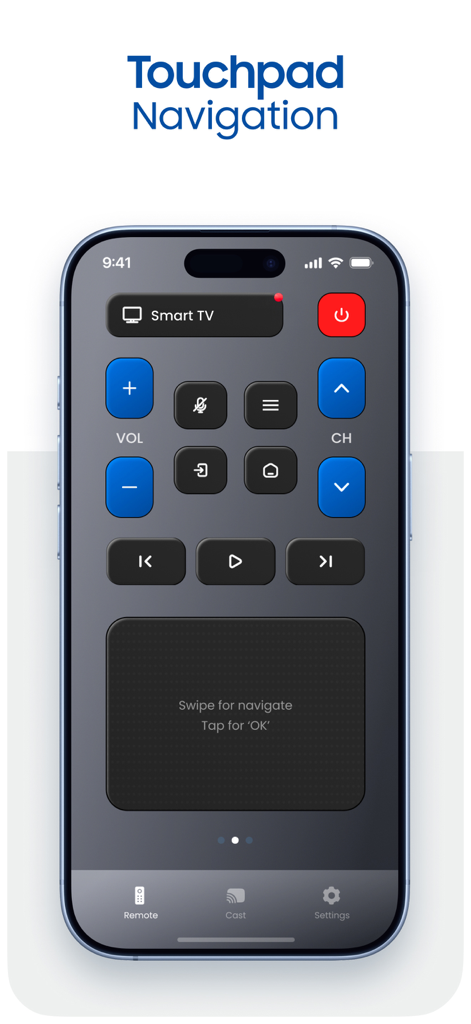 Remote Control for TV Smart - Interfaz de la aplicación Control Remoto para TV Inteligente en un iPhone destacando la navegación por panel táctil y los botones de reproducción