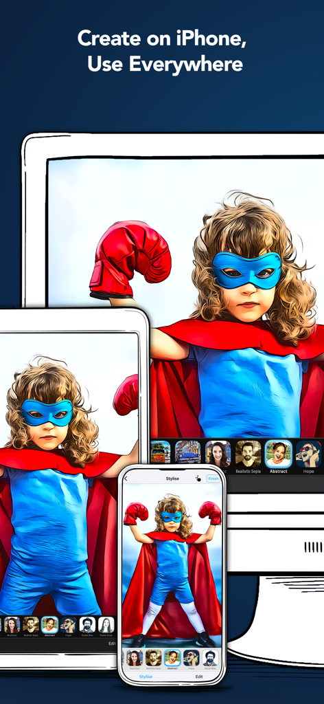 Clip2Comic: Cartoon Yourself - Un niño disfrazado de superhéroe con filtros de cómic mostrados en pantallas de iPhone, iPad y Mac.