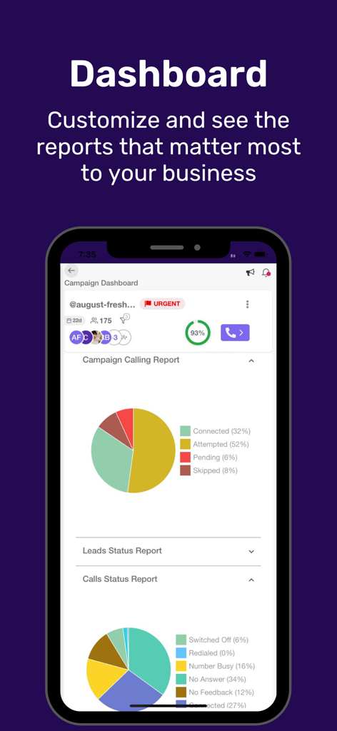 Telecrm: Telecalling Software - Telecrm mobile app dashboard displaying calling campaign reports and call status analytics with pie charts.