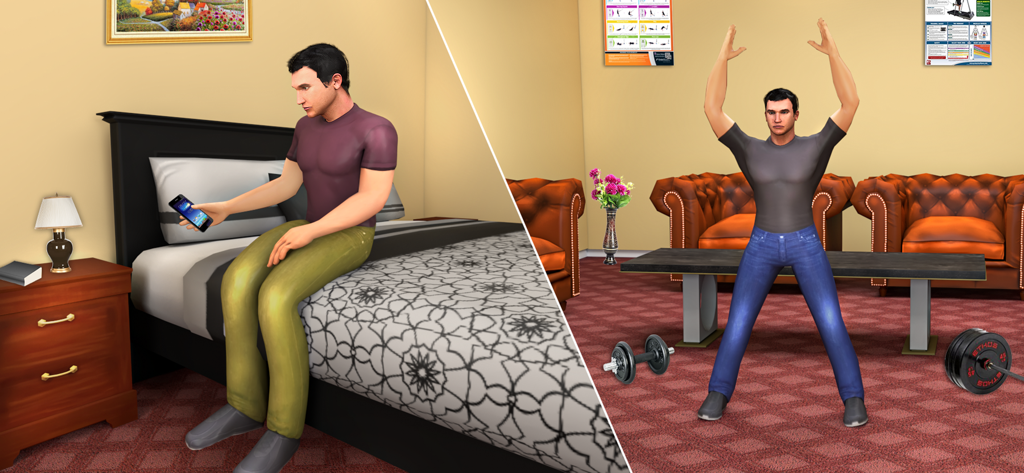 Police Dad Simulator Cop Car - Split screen showing a virtual dad character checking his phone on a bed and performing jumping jacks for exercise in a living room