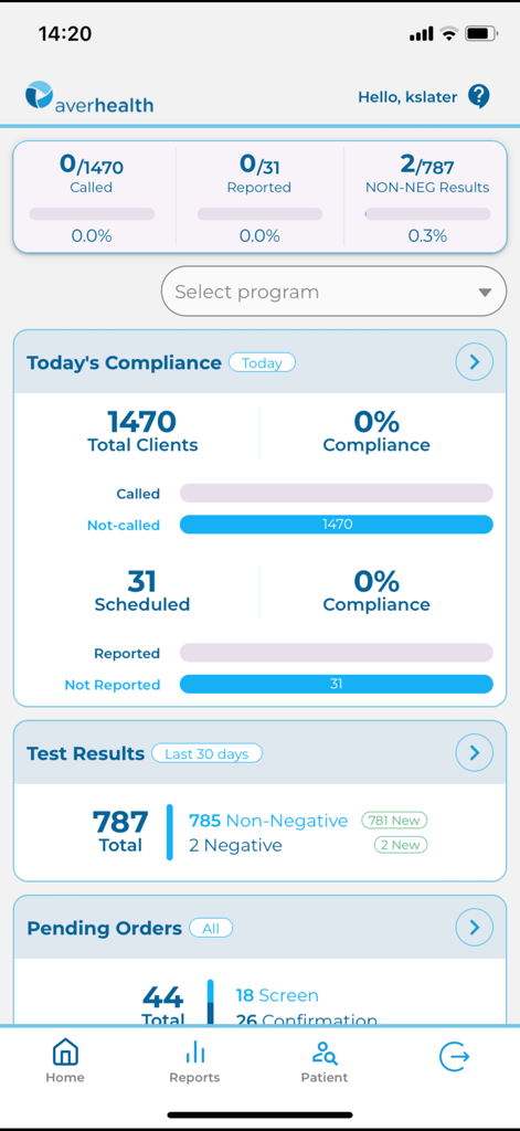 Aversys Mobile - Painel do aplicativo Aversys Mobile mostrando conformidade em tempo real e resultados de testes