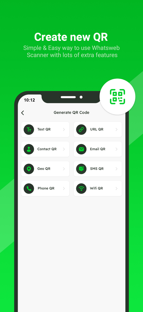 WhatsWeb - Click to Chat - Captura de pantalla de la interfaz de generación de códigos QR con opciones para códigos QR de texto, URL, contacto, correo electrónico, geolocalización, SMS, teléfono y WiFi