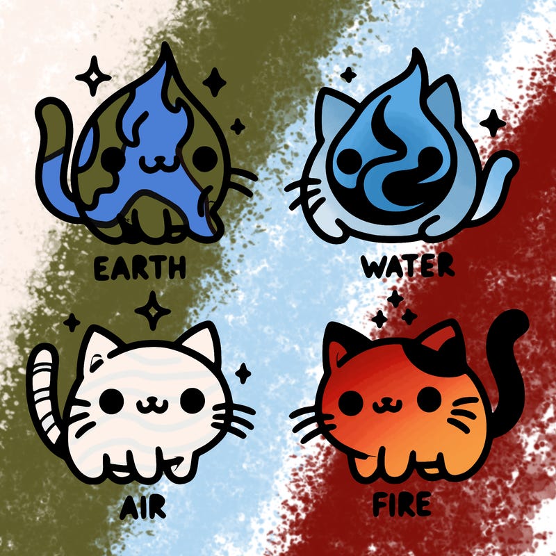 4 cats that represent the different elements, earth, water, air, and fire