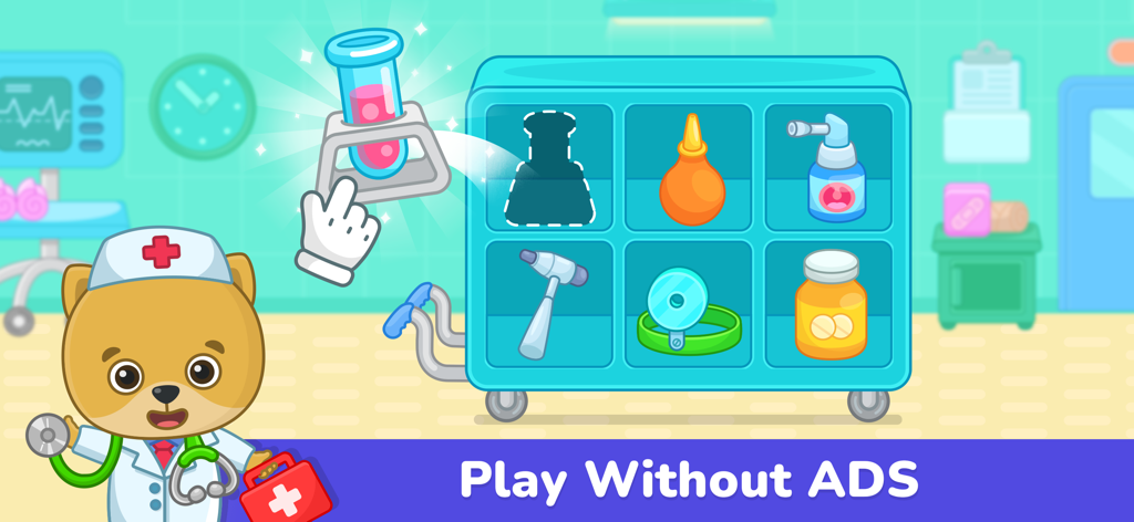 Kids Doctor Games: Hospital 3+ - Personaje de Bimi Boo con vestimenta de doctor clasificando suministros médicos en una interfaz de juego hospitalario amigable para niños