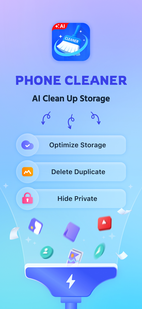 Phone Cleaner: AI Clean Up - Pantalla de la aplicación Phone Cleaner AI que muestra herramientas de optimización de almacenamiento, eliminación de duplicados y carpeta privada