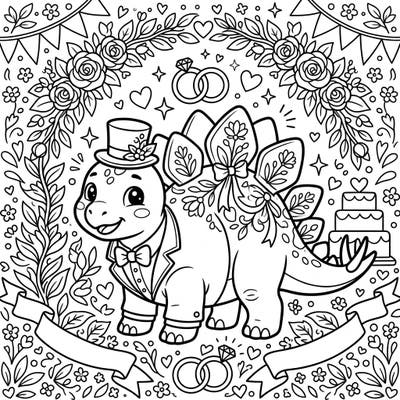 Get ready for a heartwarming and unique coloring adventure with our baby Stegosaurus wedding template! This charming design features a dapper little dinosaur celebrating a special day amidst romantic wedding details.