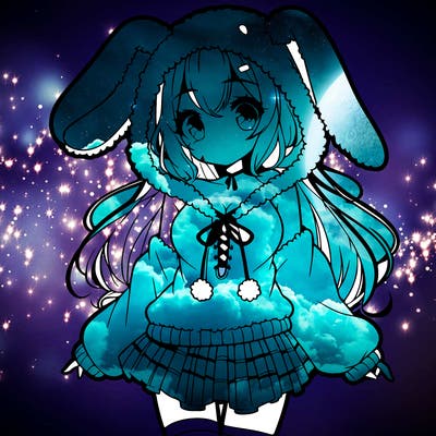 pretty anime girl wearing a fluffy hoodie with bunny ears on the hood and a skirt
