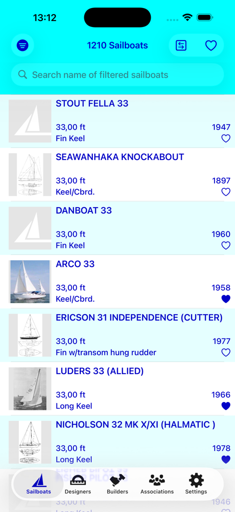 SailboatData - A list of sailboat models including names, lengths, keel types, and years in the SailboatData mobile app.