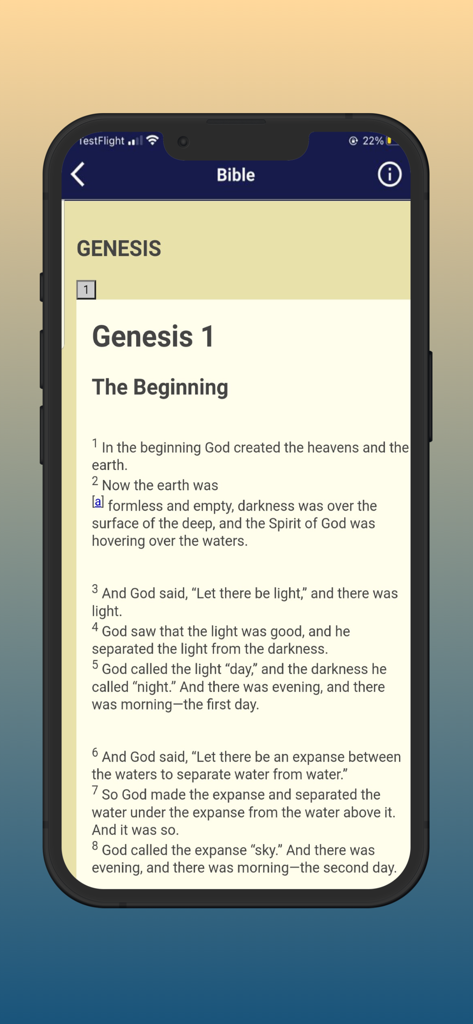 Bible: with study tools - Bible app interface displaying Genesis 1 text for daily devotion