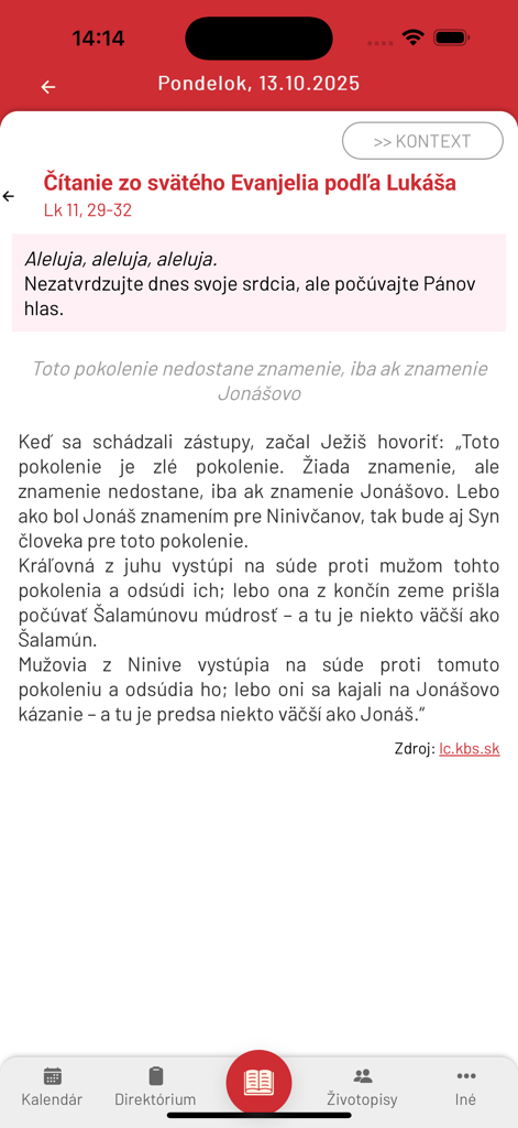 Liturgické čítania - A daily Gospel reading from the Book of Luke displayed in the Slovak Liturgické čítania mobile application.