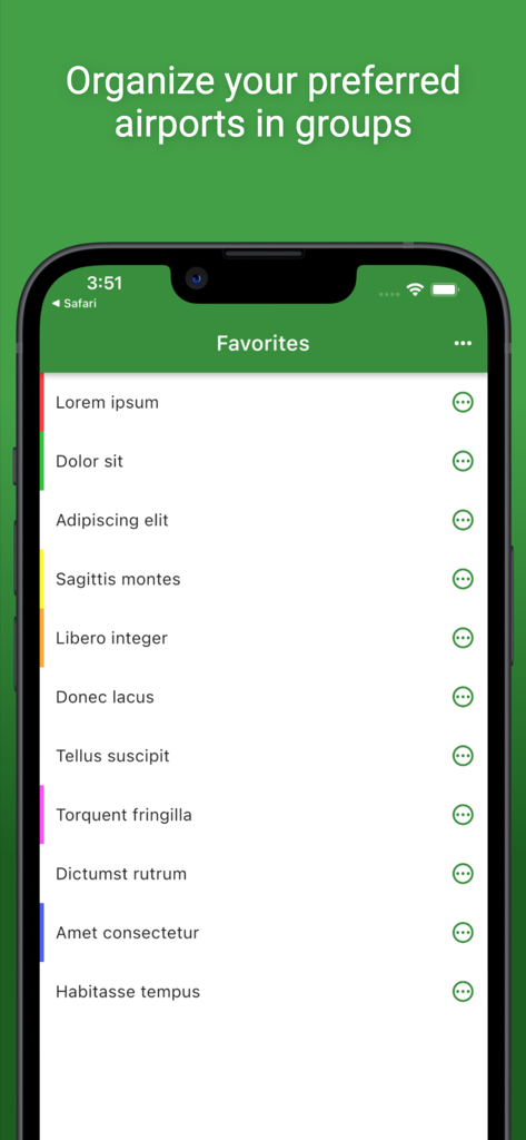 Mobile app screen showing a list of favorite airports organized into custom groups