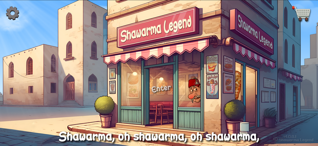 Shawarma Legend - Vue extérieure cartoon du restaurant Shawarma Legend à l'angle d'une rue ensoleillée