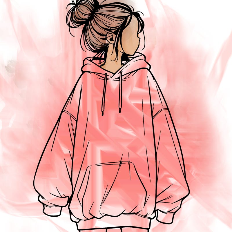 realistic girl with a oversized sweatshirt on and a bun