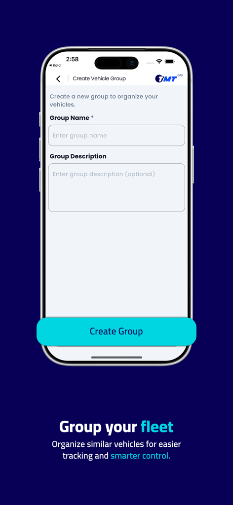 Oberfläche zum Erstellen einer neuen Fahrzeuggruppe zur Organisation einer Flotte in der TMTGPS-App.