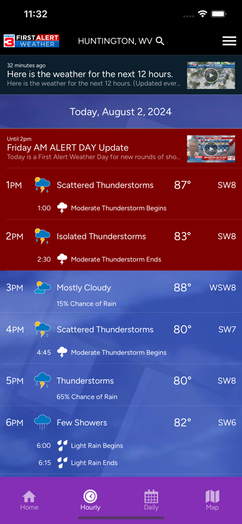 Hourly weather forecast for Huntington West Virginia in the WSAZ Weather app showing thunderstorm alerts and temperatures