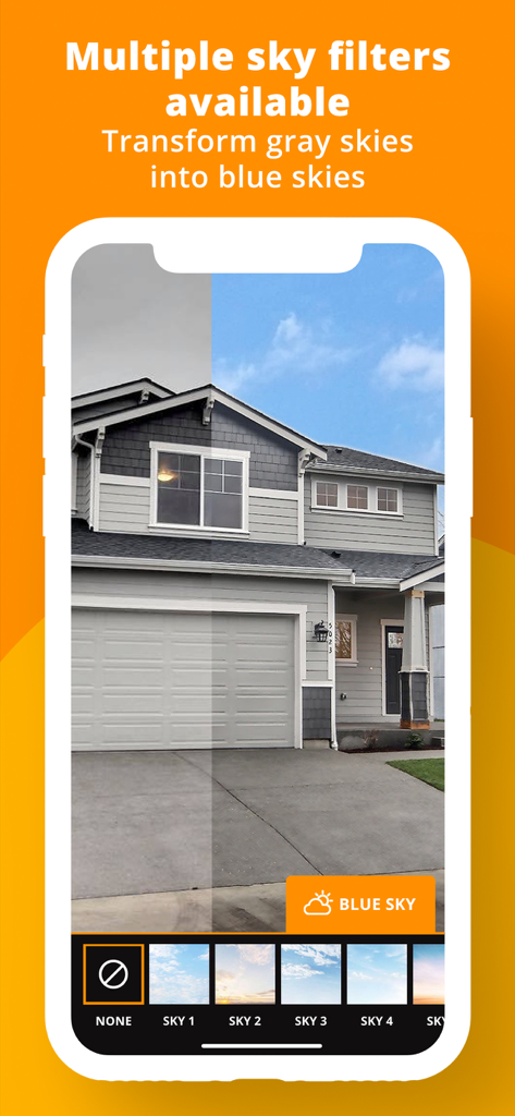 Comparación de pantalla dividida que muestra un cielo gris transformado en un cielo azul brillante en una foto inmobiliaria.