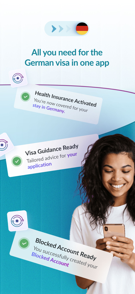 Fintiba - Your way to Germany - Eine junge Frau lächelt, während sie die Fintiba App für deutsche Visa-Dienstleistungen wie Sperrkonto und Krankenversicherung nutzt.