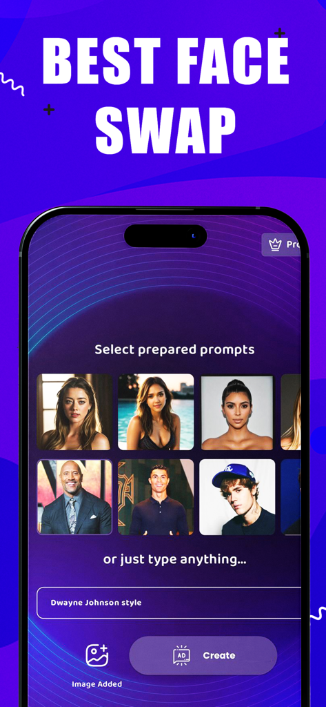 AI Image Art - Photo Generator - Interfaz de la aplicación AI Image Art mostrando la función de intercambio de caras con preajustes de celebridades y un campo de entrada de indicación personalizada.