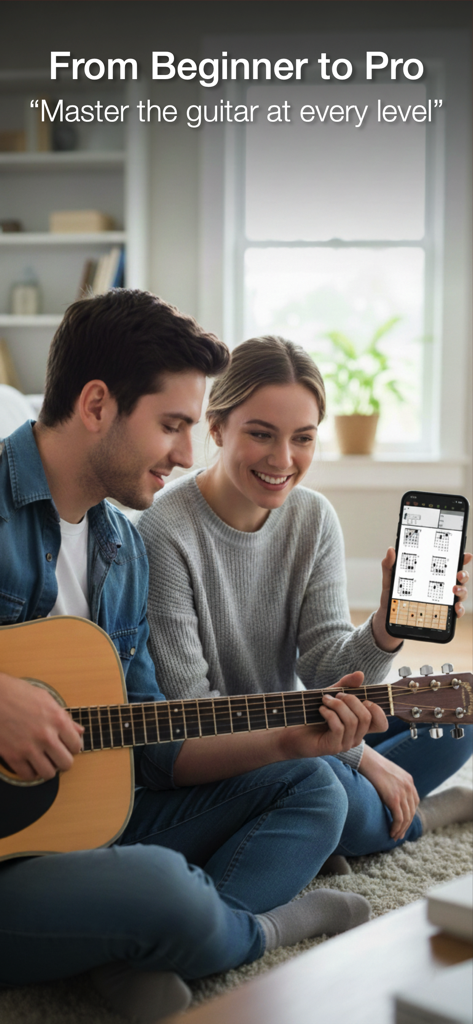 Hombre tocando la guitarra acústica mientras una mujer sostiene un teléfono que muestra diagramas de acordes en la aplicación Guitar Gravitas
