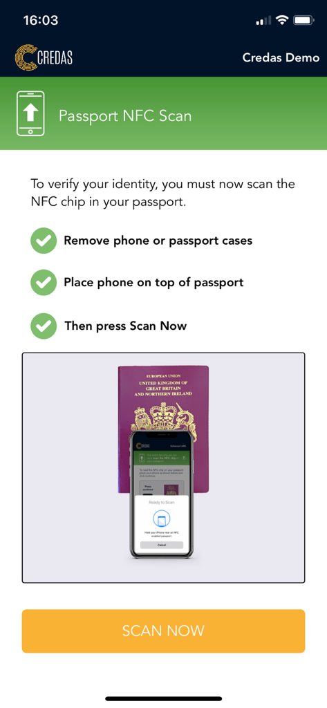 Instructions for passport NFC scan in the Credas identity verification app