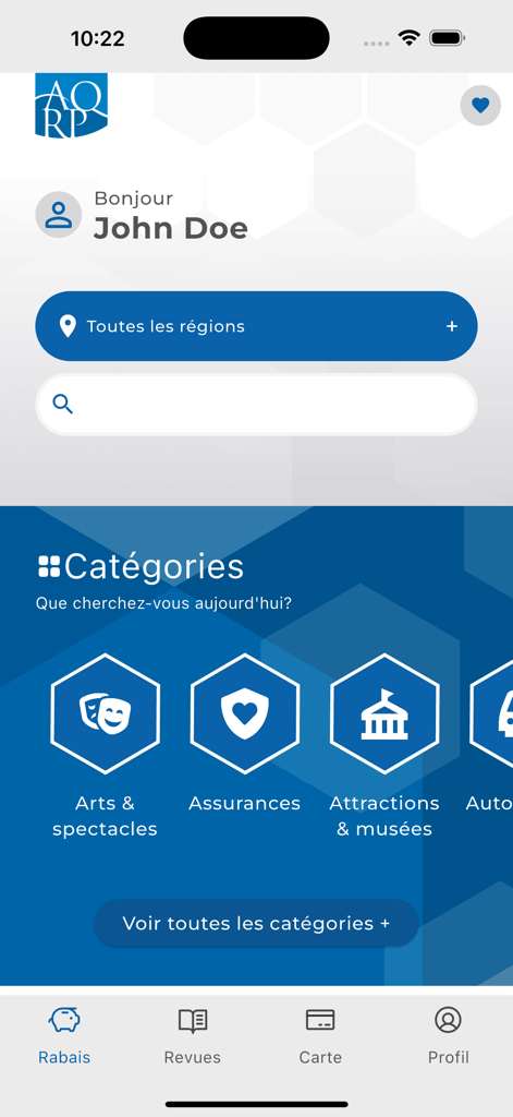 Tela inicial do aplicativo móvel AQRP mostrando várias categorias de descontos para aposentados