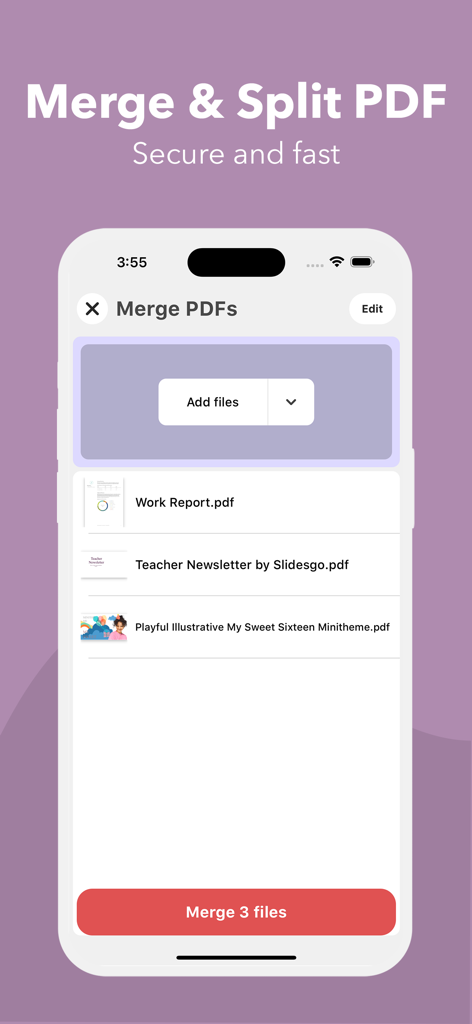 PDF it All Document Converter - Benutzeroberfläche der PDF it All App, die die Funktion zum Zusammenführen von PDF-Dateien auf einem iPhone-Bildschirm zeigt