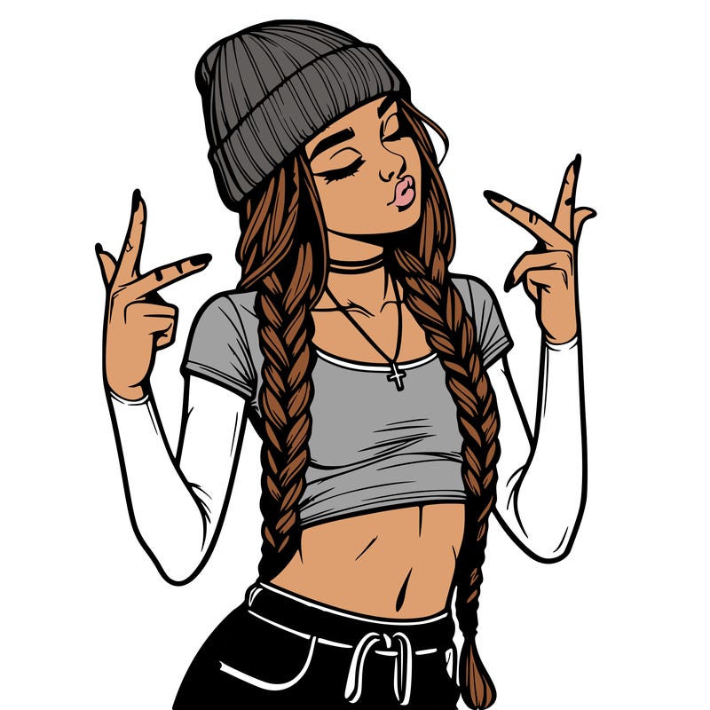 realistic teenage girl with braids and a beanie and crop top doing 🫶🏼