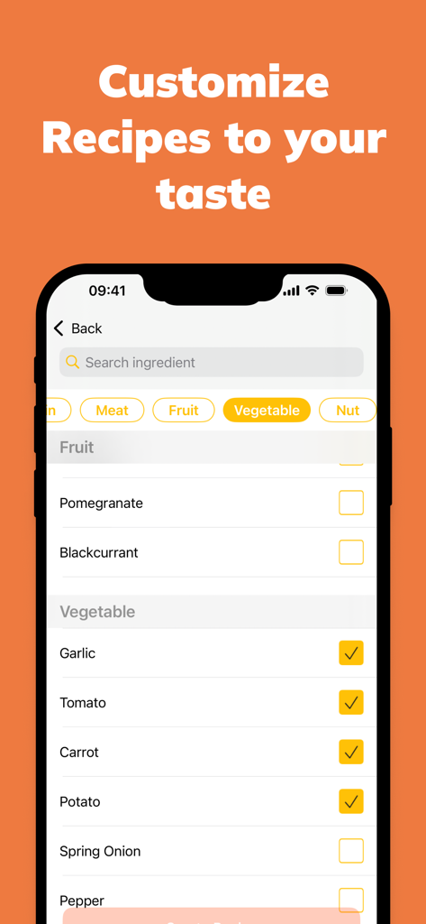 Screenshot of the whichFood app showing a list of ingredients like garlic and tomato selected to create a personalized recipe