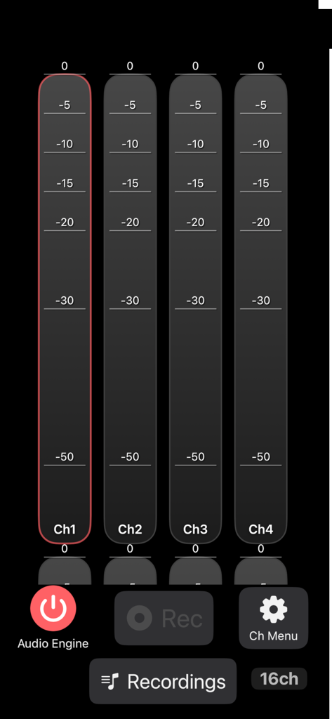A1 Multitrack Record - Interface de l'application A1 Multitrack Record montrant les indicateurs de niveau audio pour quatre pistes et les commandes d'enregistrement