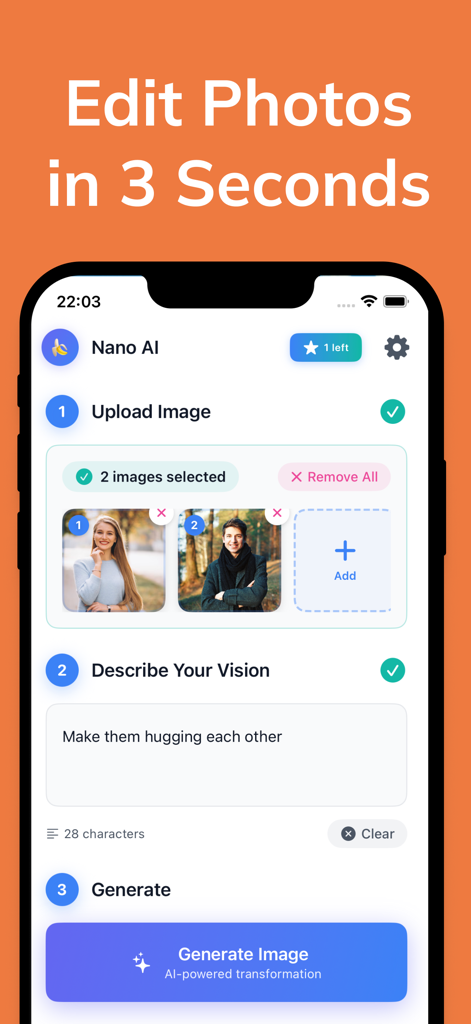 Photo Editor AI - Image Edit - Mobile app interface showing a three step process to generate AI images from photos and text prompts